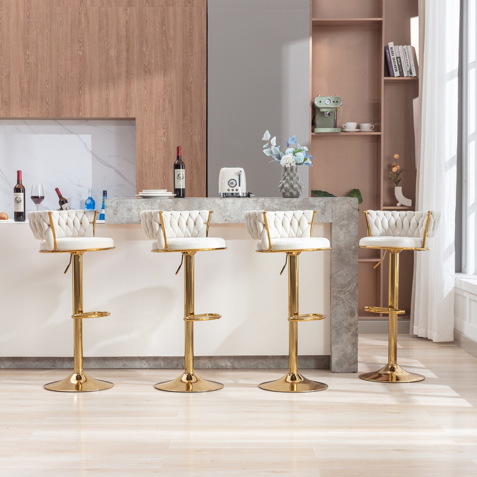 Set of 4 Bar Stools Adjustable Swivel Velvet Retro Kitchen Counter Height Chair