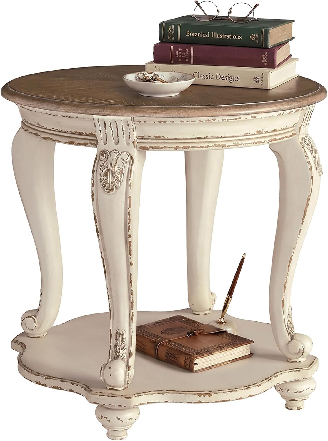 End Table, Cottage-Style Round Side Table with Antiqued Two-Tone Finish, Wood