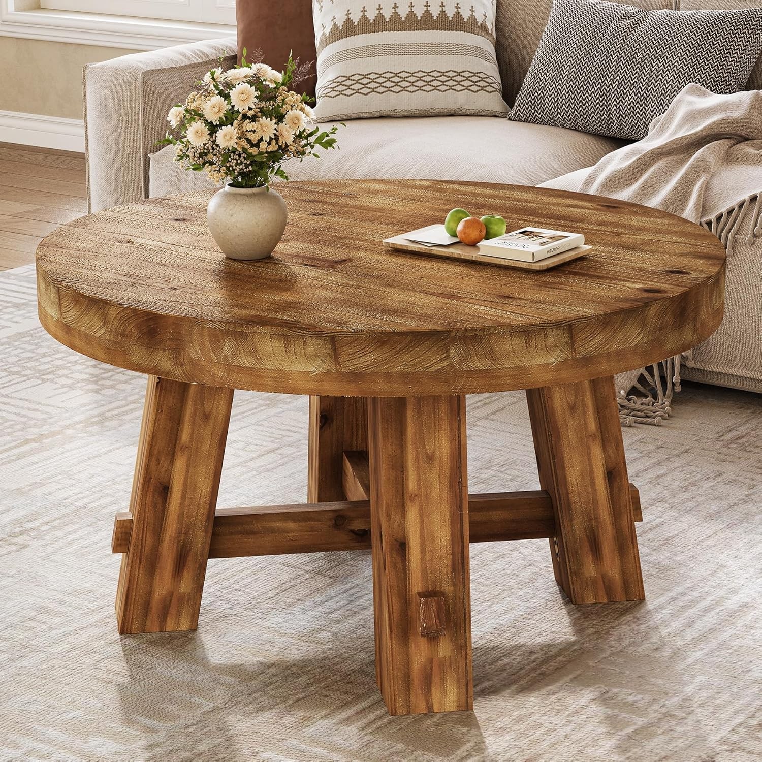 31.5-Inch Solid Wood Round Coffee Table with Thickened Tabletop for Small Spaces