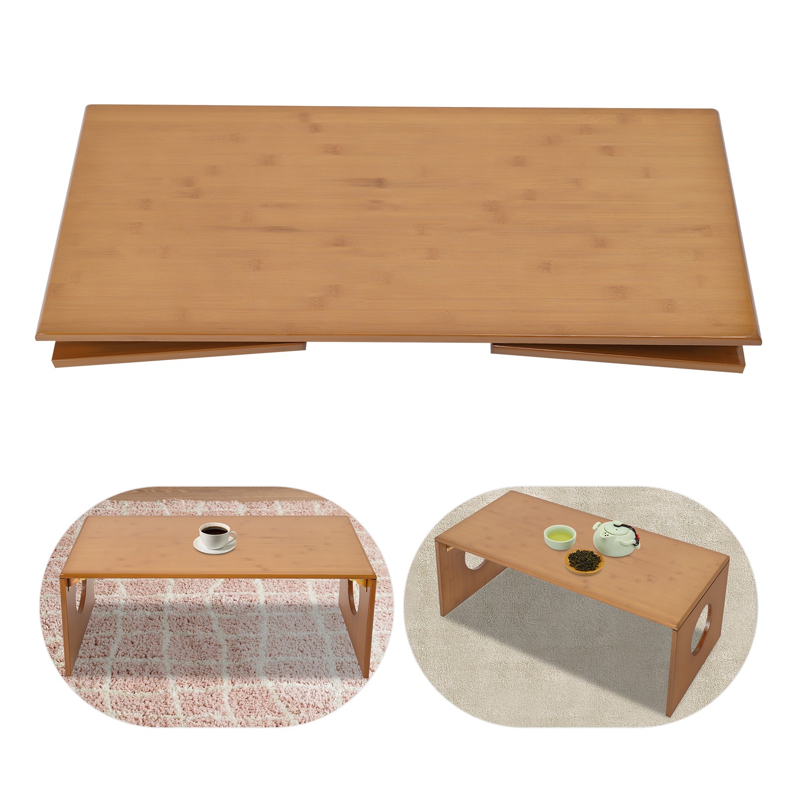 Brown Folding Floor Coffee Table, Foldable Low Portable Coffee Table for Sitting