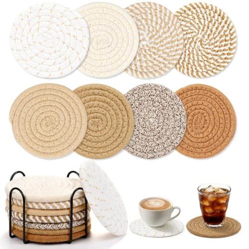 Coasters Set of 8 with Holder, Boho Woven Drink Coasters | Absorbent drink
