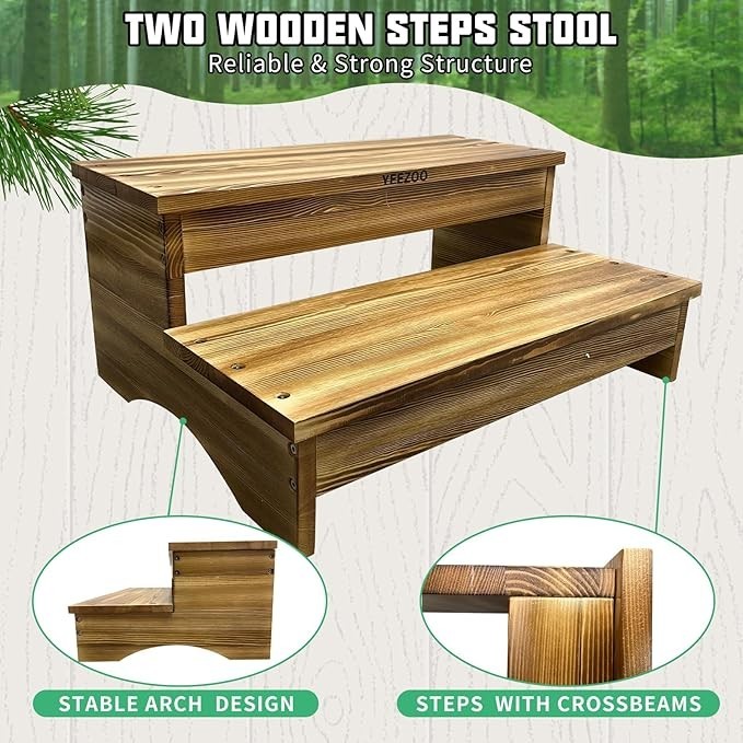 Long Wooden Step Stool, 2 Steps Wood Stool with Burnt wood Look