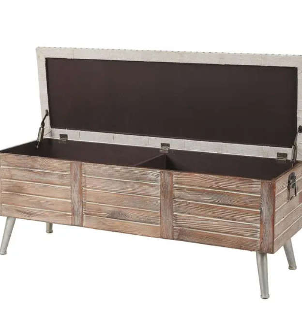 Upholstered Wood Storage Bench Beige Brown Natural Finish Rustic Country Soli