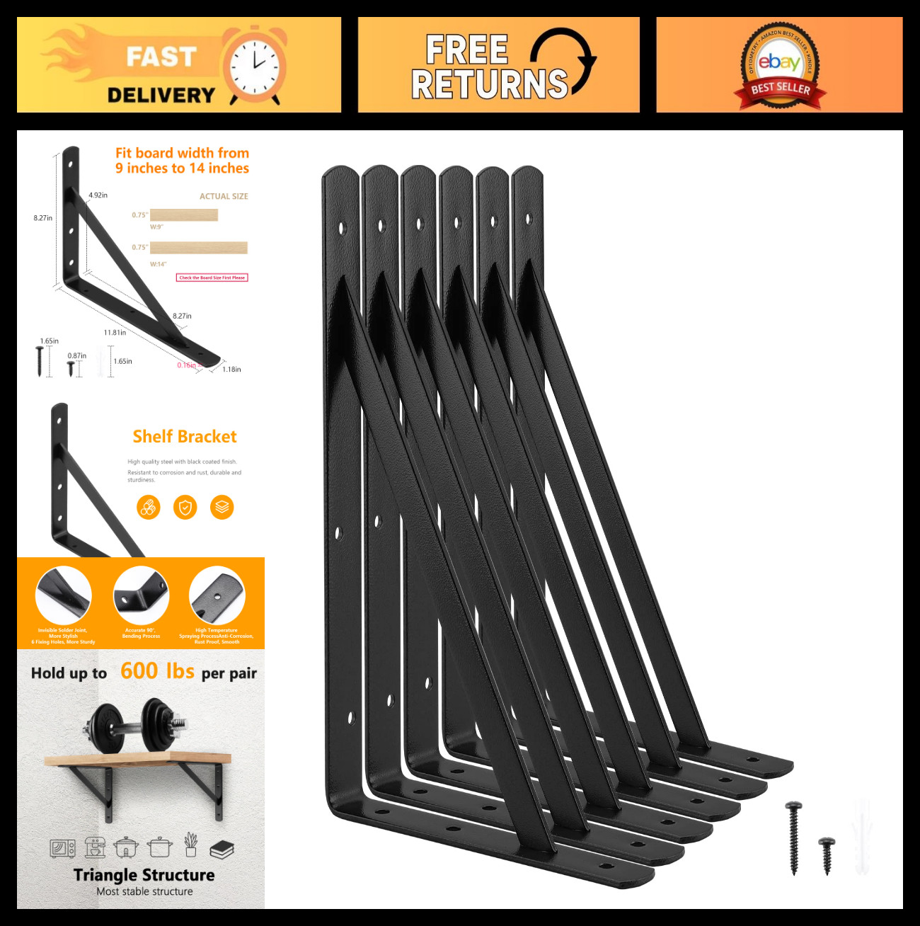 Heavy Duty Metal L Brackets 12×8 Inch, 600LBS Load, 6 Pack, Triangle Design, Scr