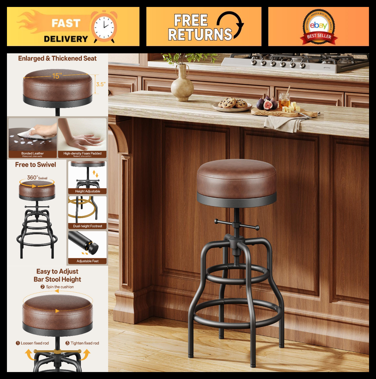 Adjustable Height Industrial Swivel Bar Stool 22-29″ | Vintage Leather Seat, Eas