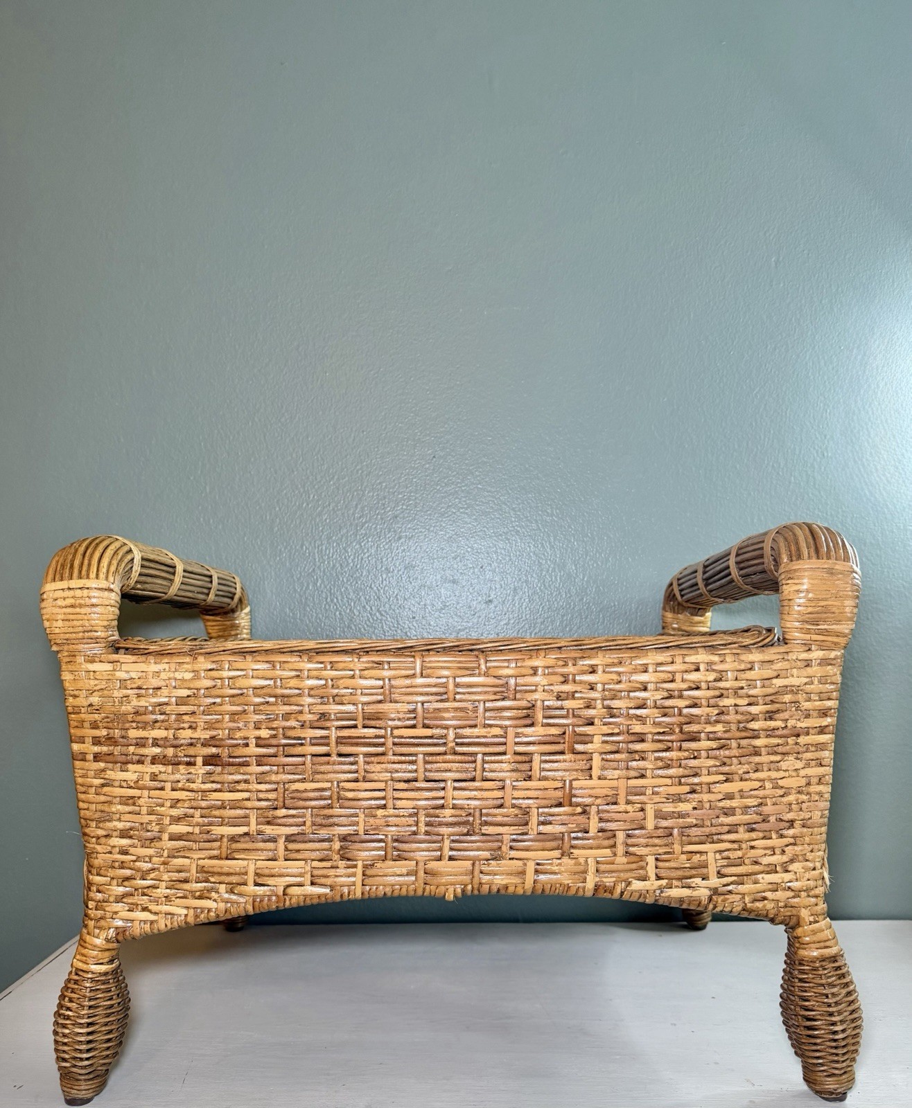 Vintage Rattan Wicker Ottoman Footstool Bench Boho Coastal Decor Stool