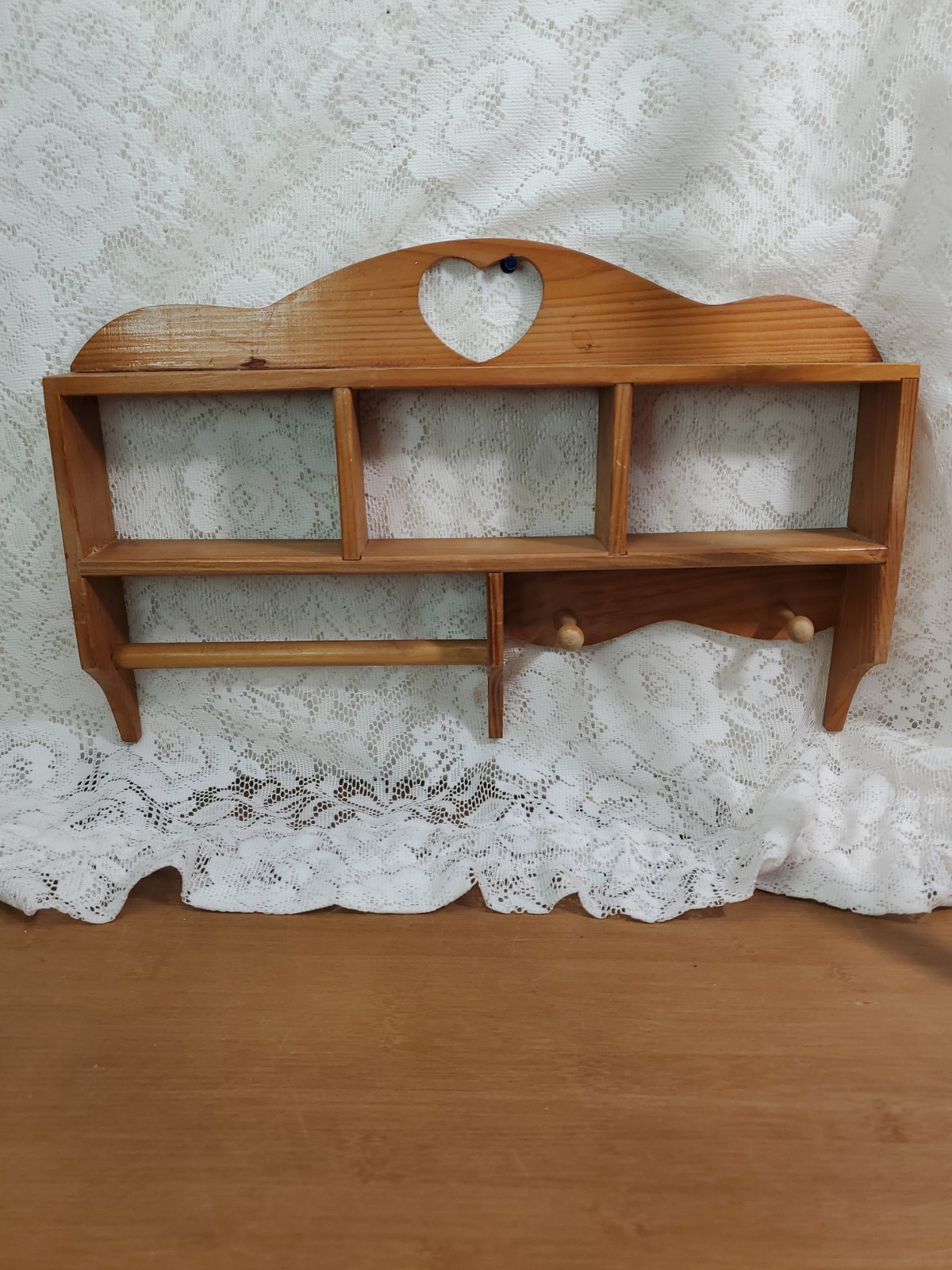 Wall Shelf Wood Heart Cutout Brown 17″ Country Cottagecore Display Towel Rack
