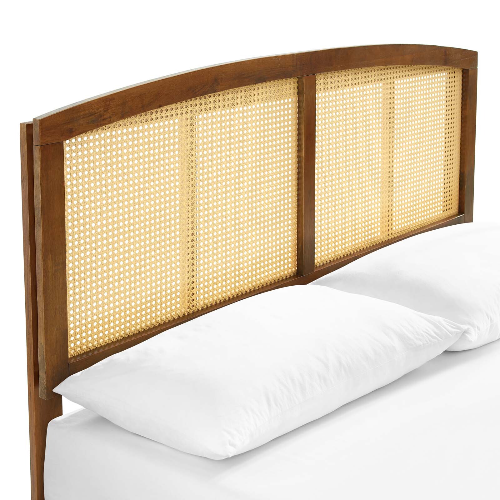Modway Sierra Cane Rattan and Wood King Platform Bed in Walnut With Splayed Legs