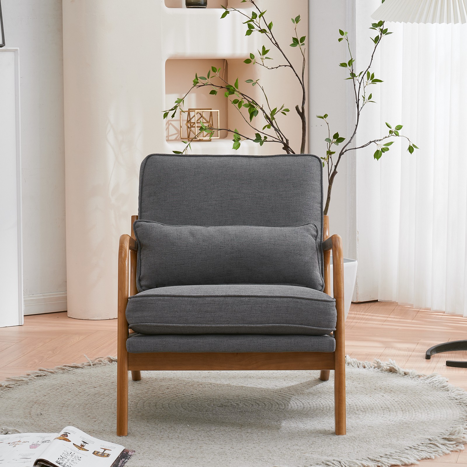 Oak Armrest Upholstered Single Lounge Chair Dark Grey