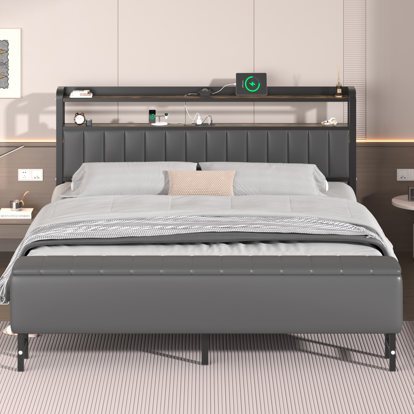 Full Size Bed Frame Upholstered with Starry Sky Light and Charging Station
