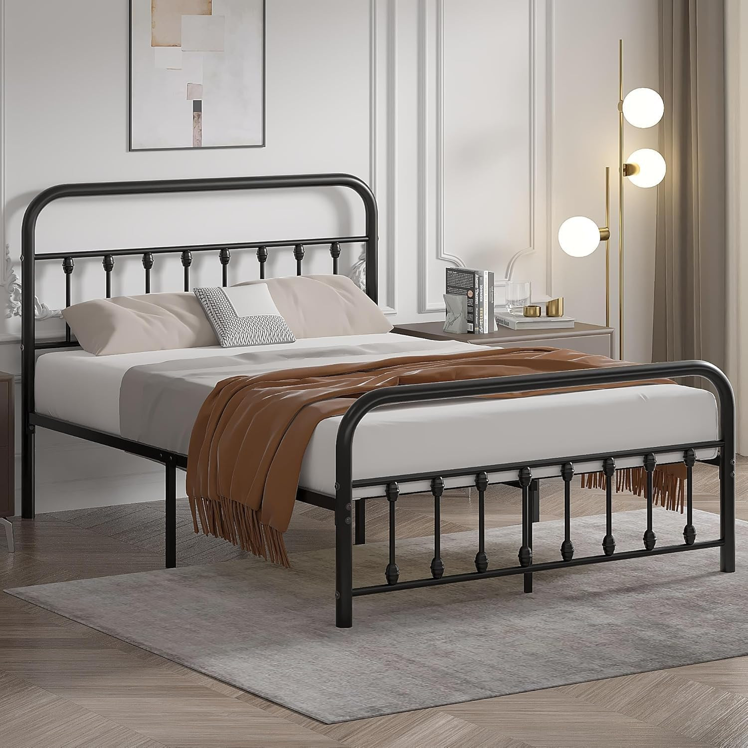 Queen Metal Bed Frame with Headboard, Heavy Duty, Easy Assembly, Victorian Style
