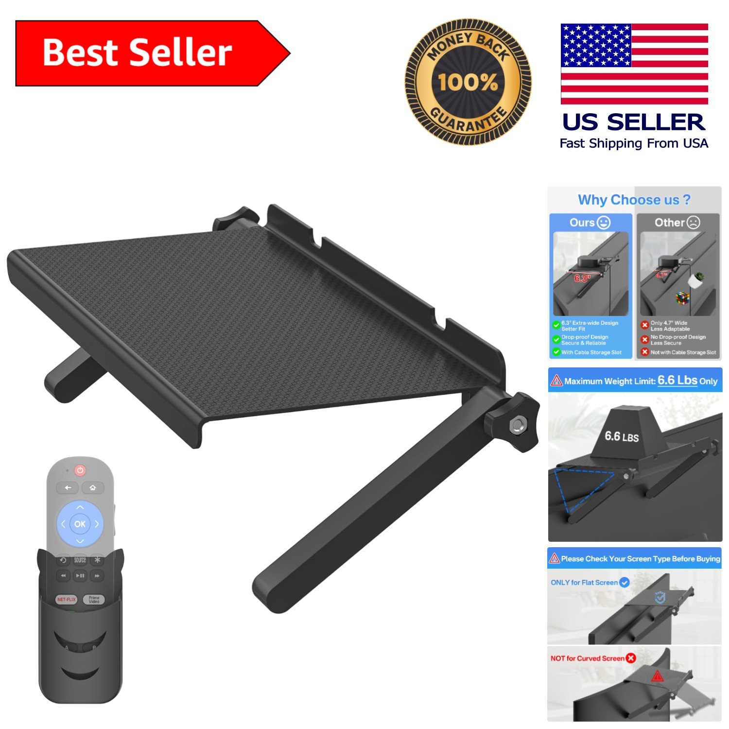 Durable 13 Inch Adjustable TV Shelf with Remote Holder – Easy Installation