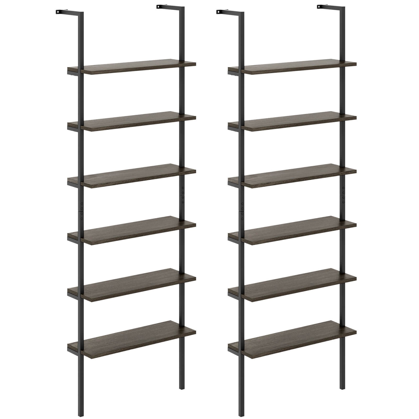 2 PCS 6-tier Ladder Shelf 72 Inches Industrial Wall Mounted Bookshelf Brown