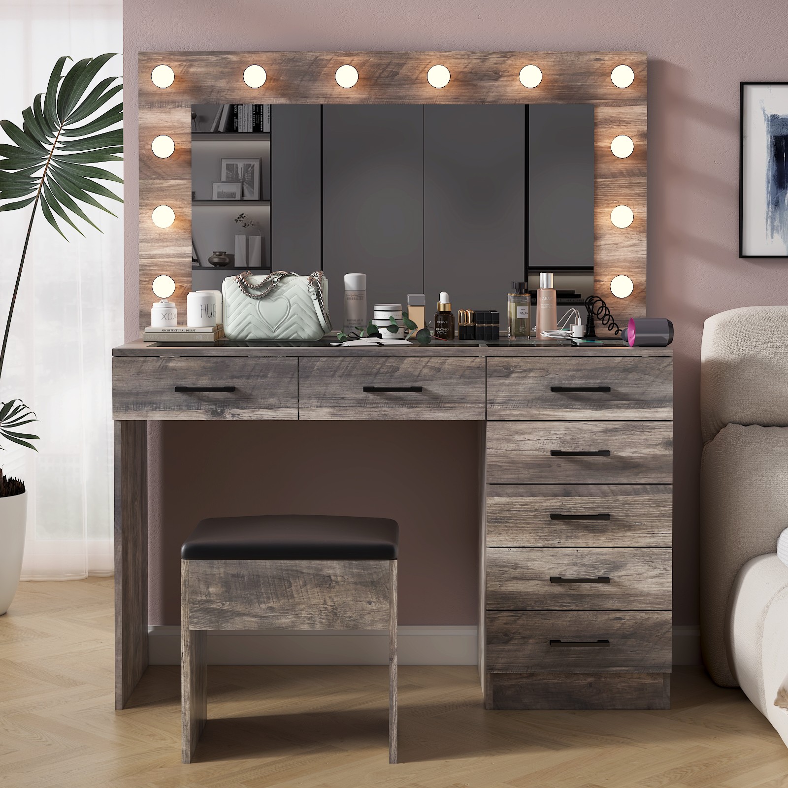 Large Vanity Set Makeup Desk Dressing Dresser Table 7 Drawer with 12 LED Lights