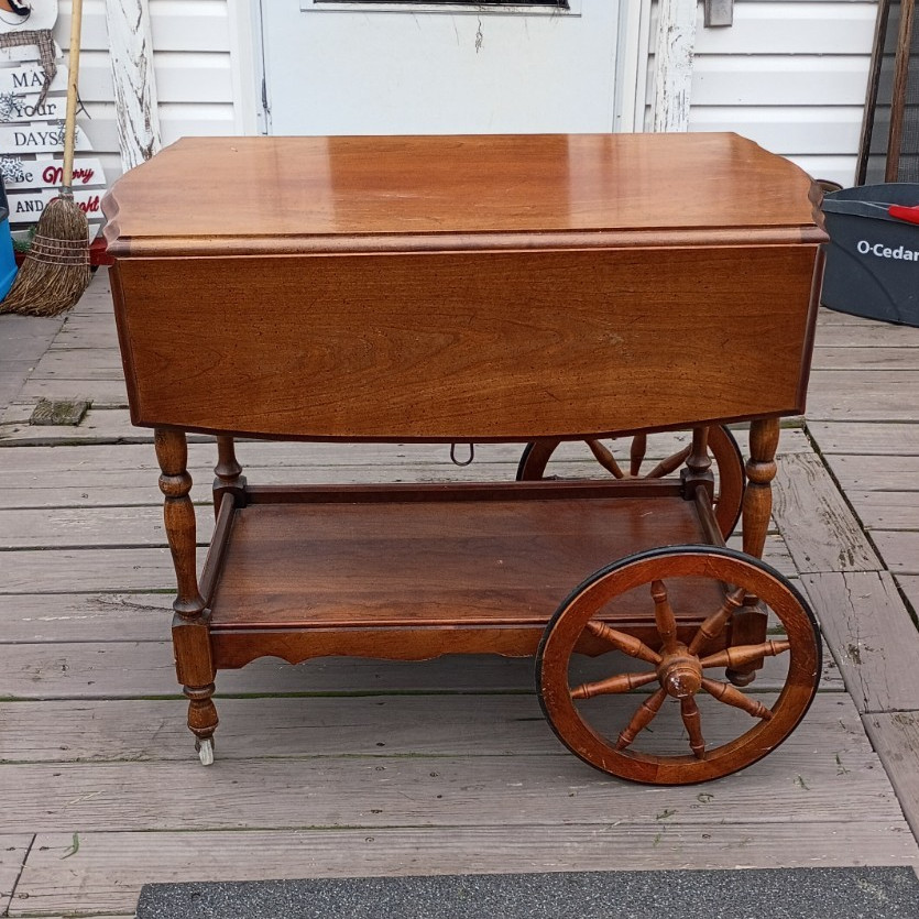 Brown Wood Drop-Leaf Serving Cart, Drawer, 2 Shelves, 4 Wheels Rectangle