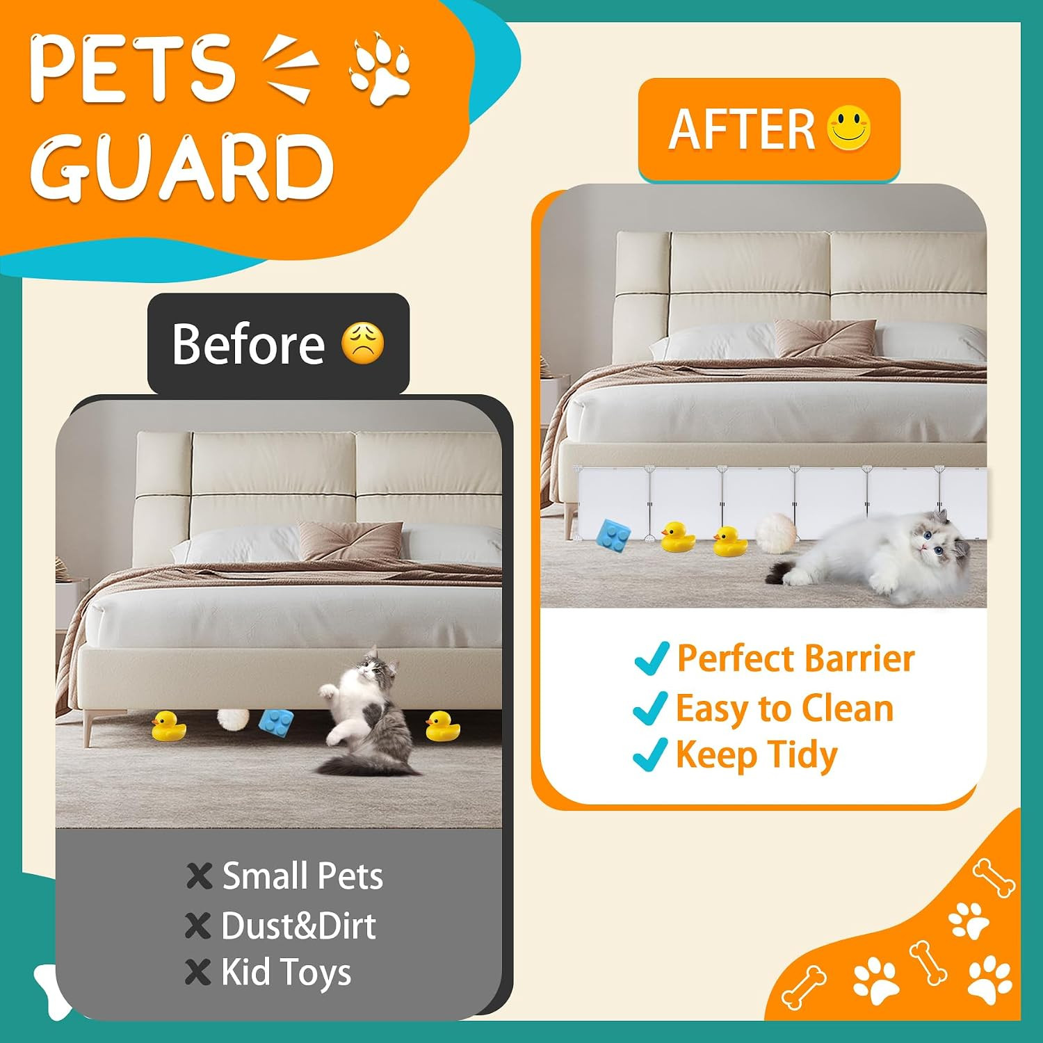 Pet & Toy Under Bed Blocker – 7 Pack, 83″ Long, White with Accessories
