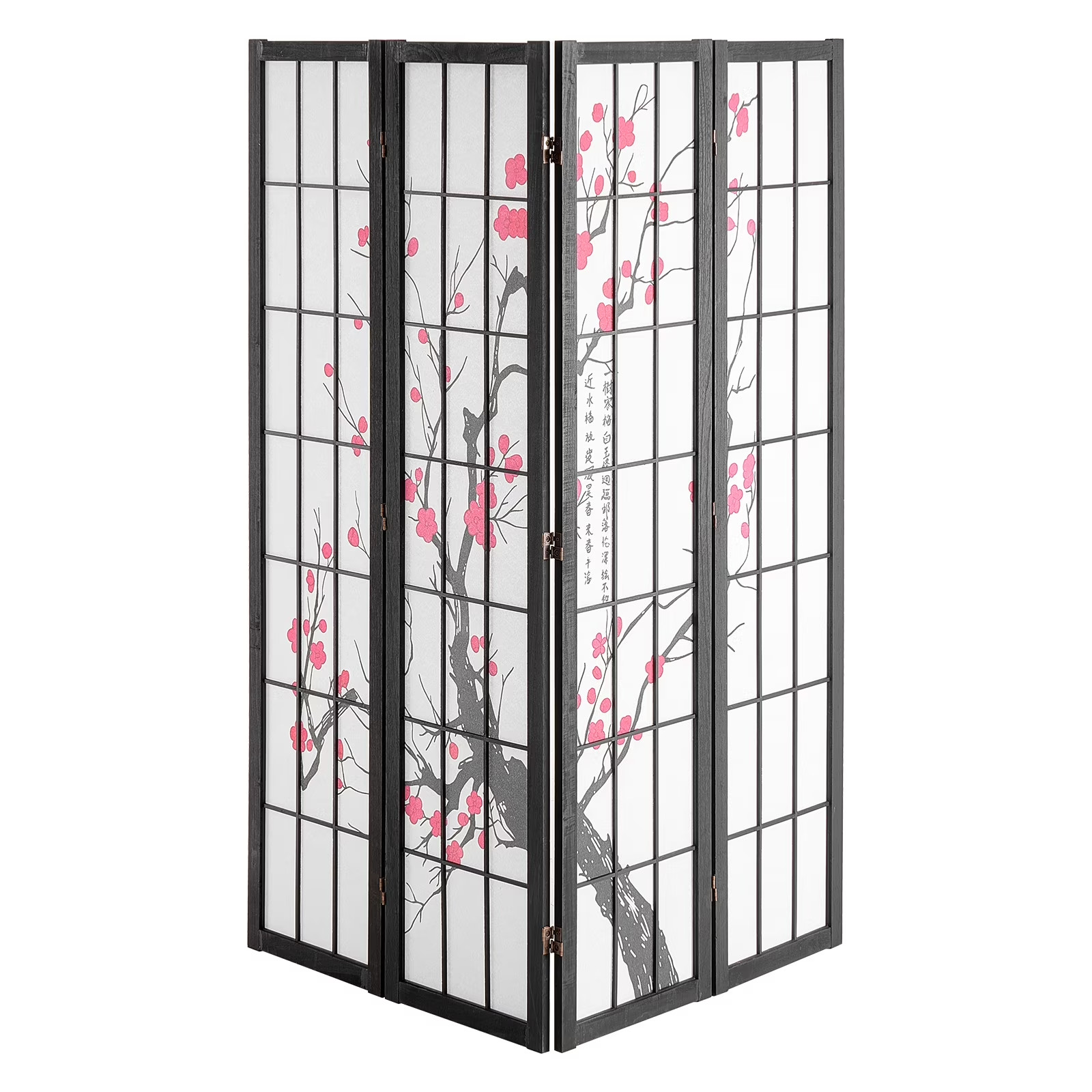 4-Panel Japanese Room Divider Screen, Wooden Folding Privacy Screen for Indoor U