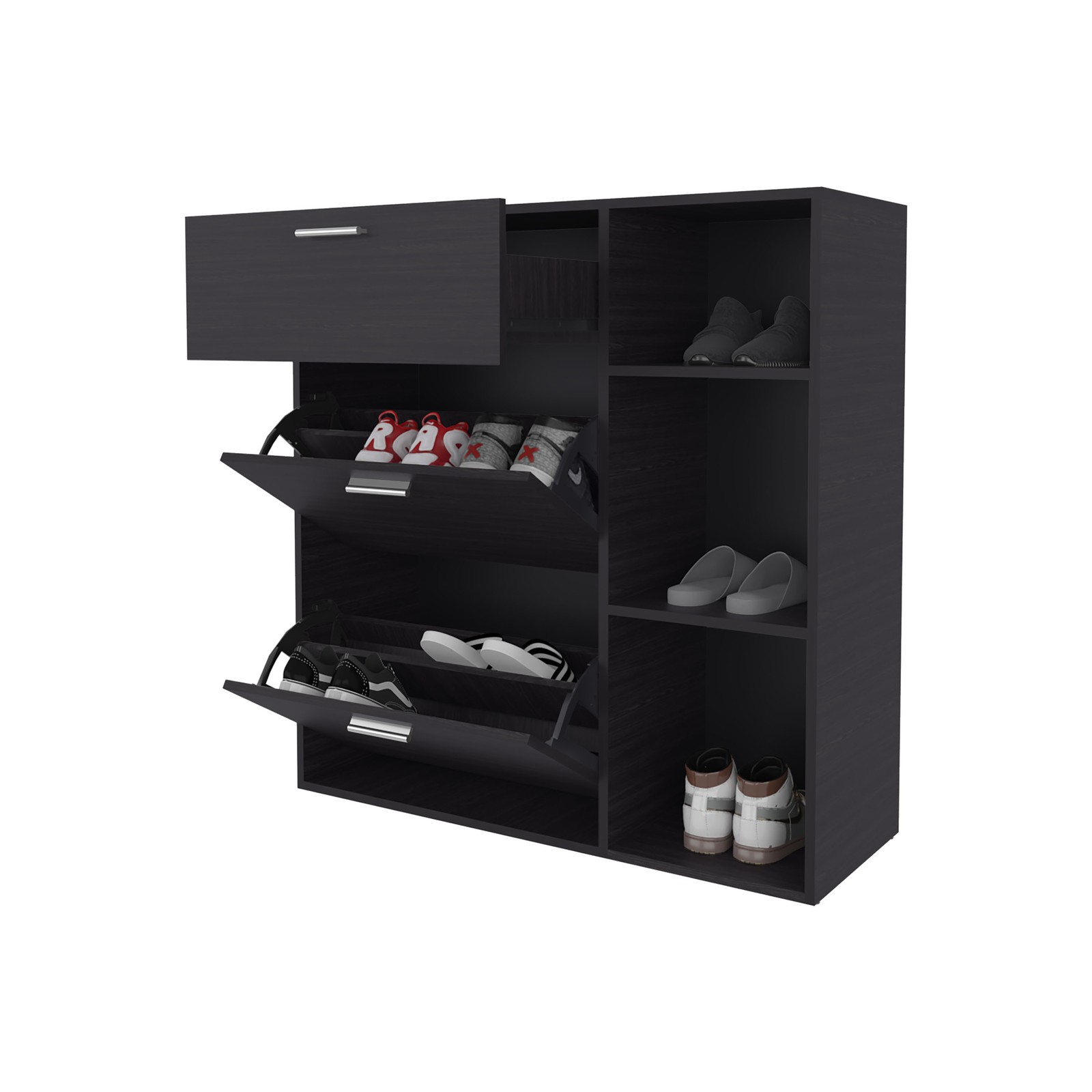 Sierra Shoe Storage Cabinet, 2 Tilt-Out Drawers, 1 Top Drawer, 3 Open Side