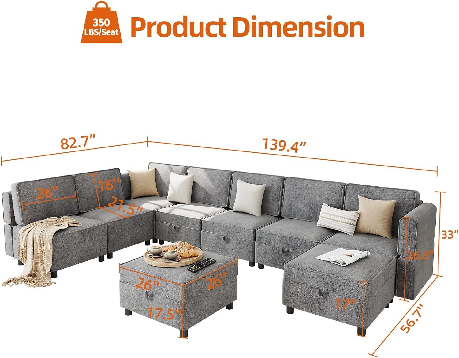 139″ Chenille U-Shape Sectional Sofa 9-Seater Modular Couch w/ Storage Ottomans
