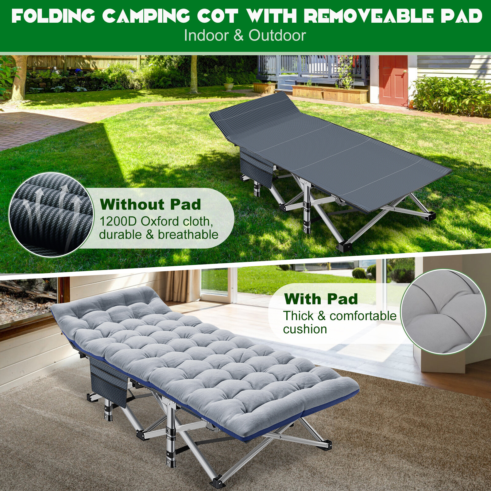 75inch Adult Folding Bed Military Bed Light Weight Folding Rollaway Cot 600 LBS