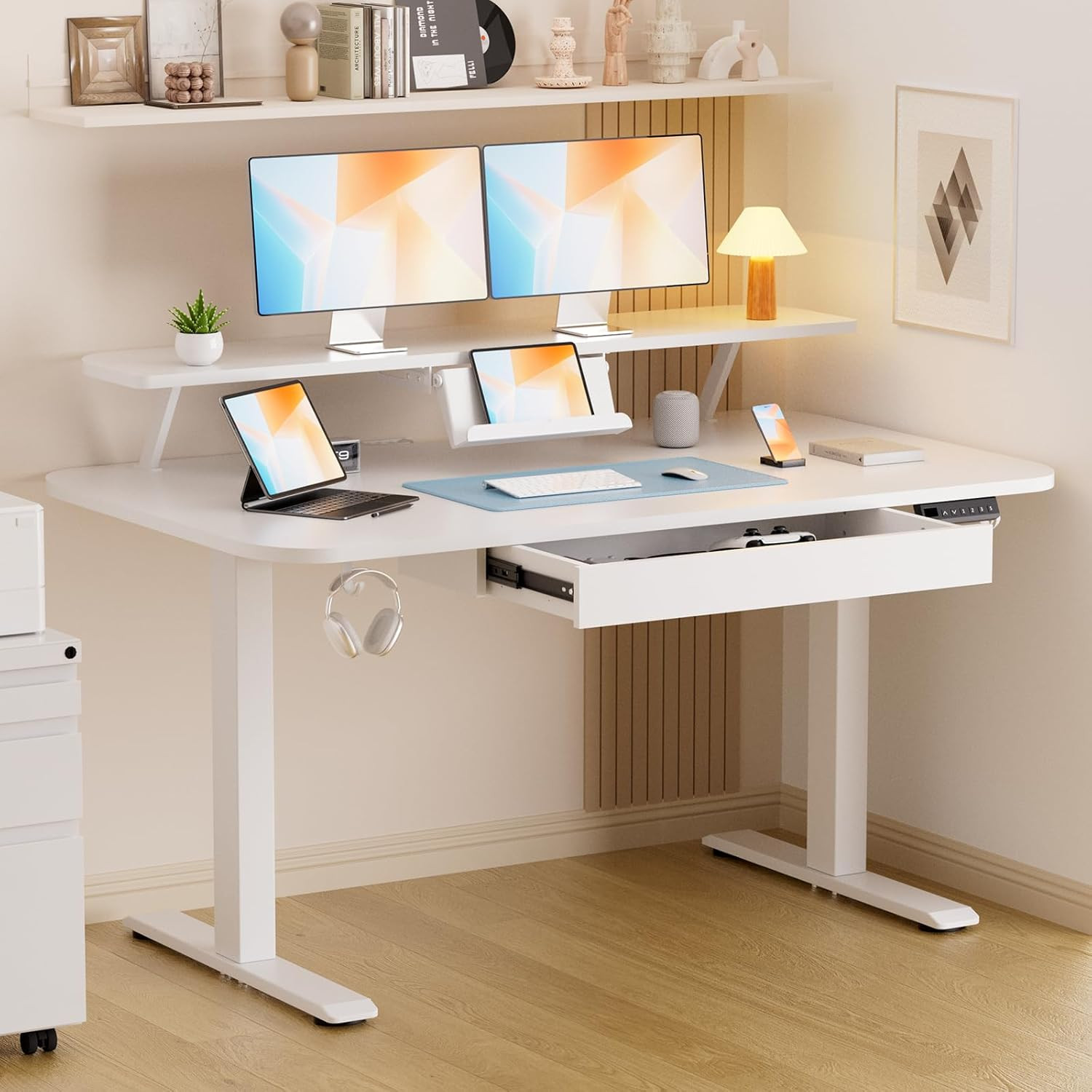 Height Adjustable Electric Standing Desk with Drawers – 48×24 Inches, White