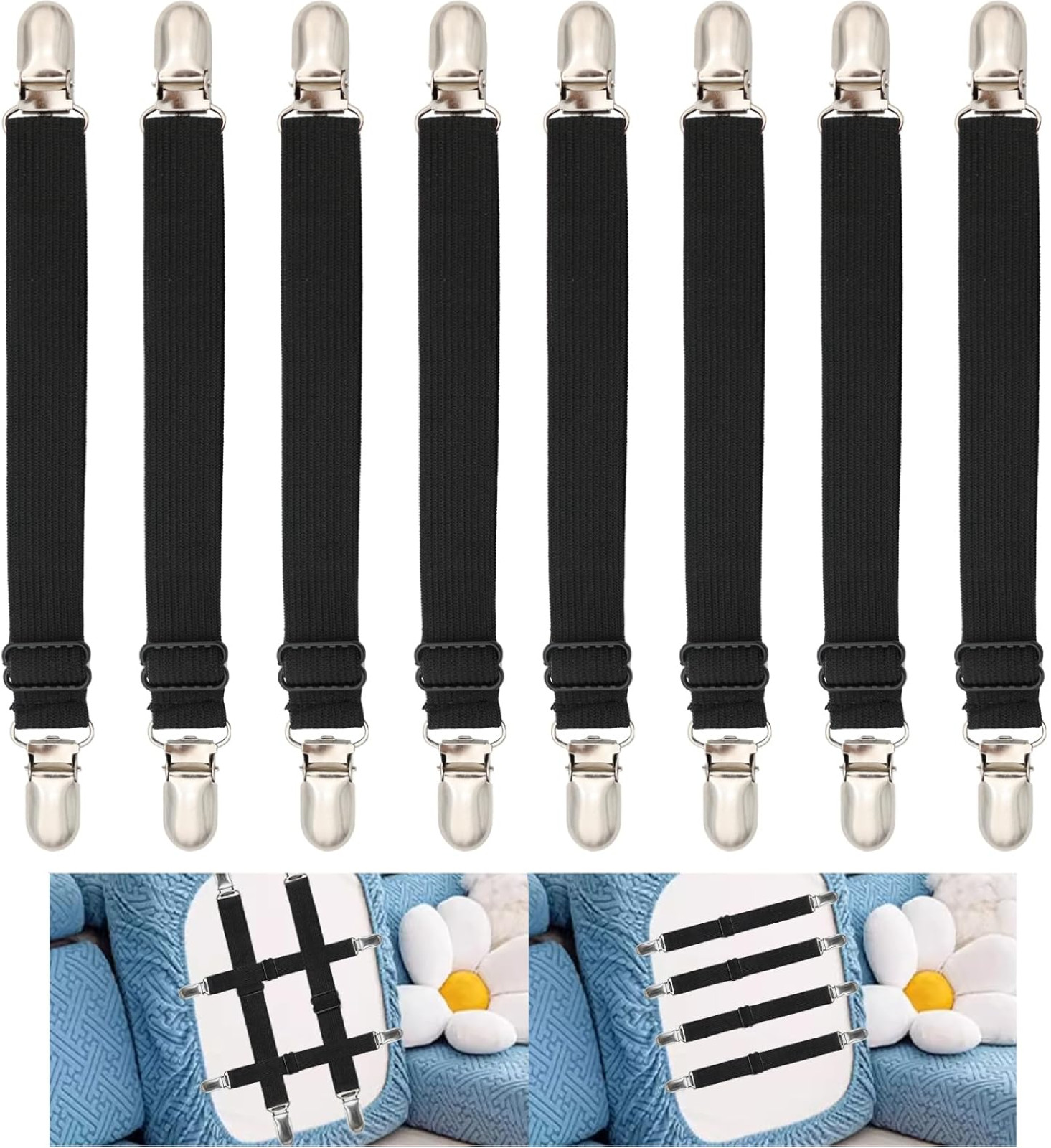 Sofa Cover Holder Straps Suspenders, Couch Covers Clip Fasteners, Black