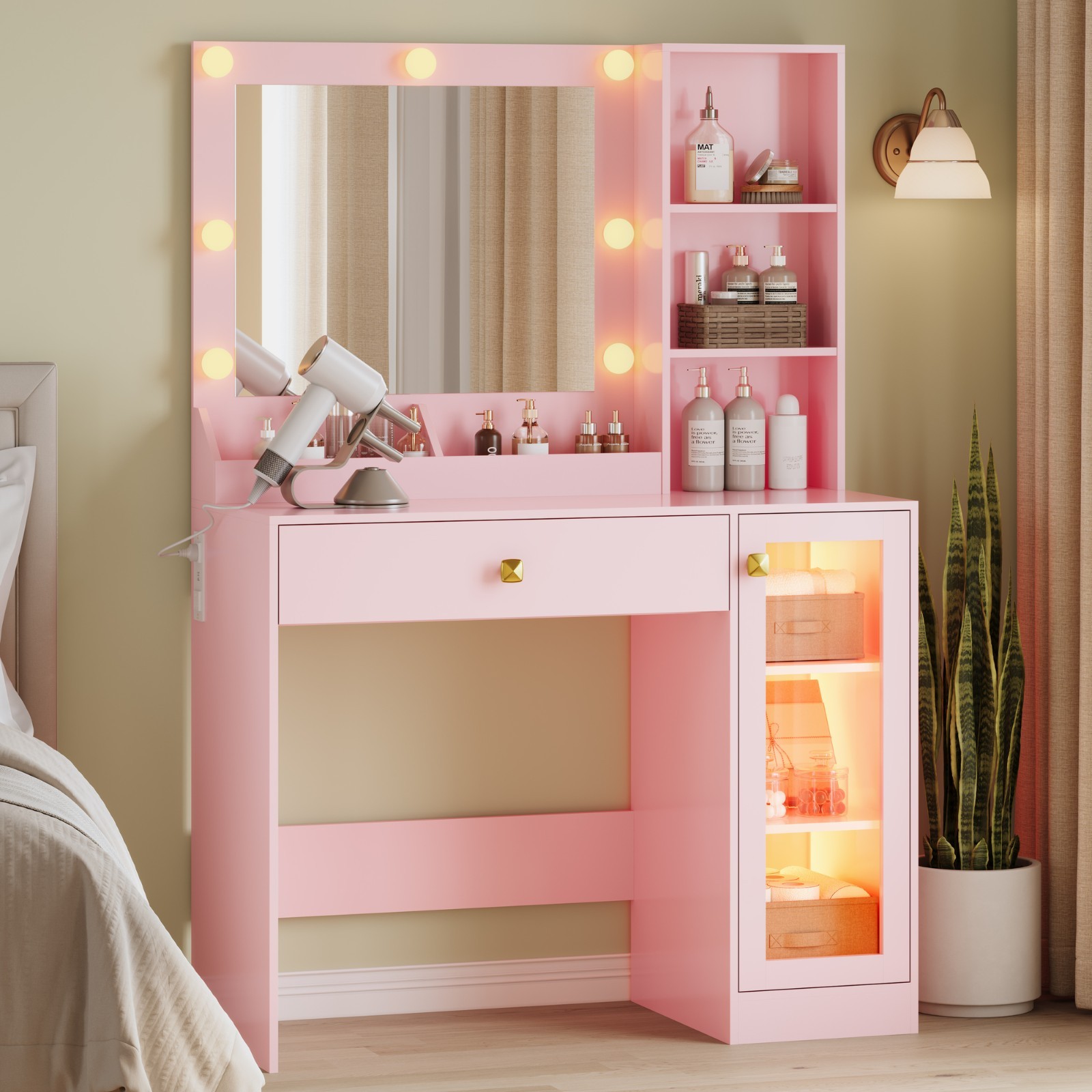 Small Makeup Vanity with Mirror and Lights, Charging Station & RGB Glass Cabinet
