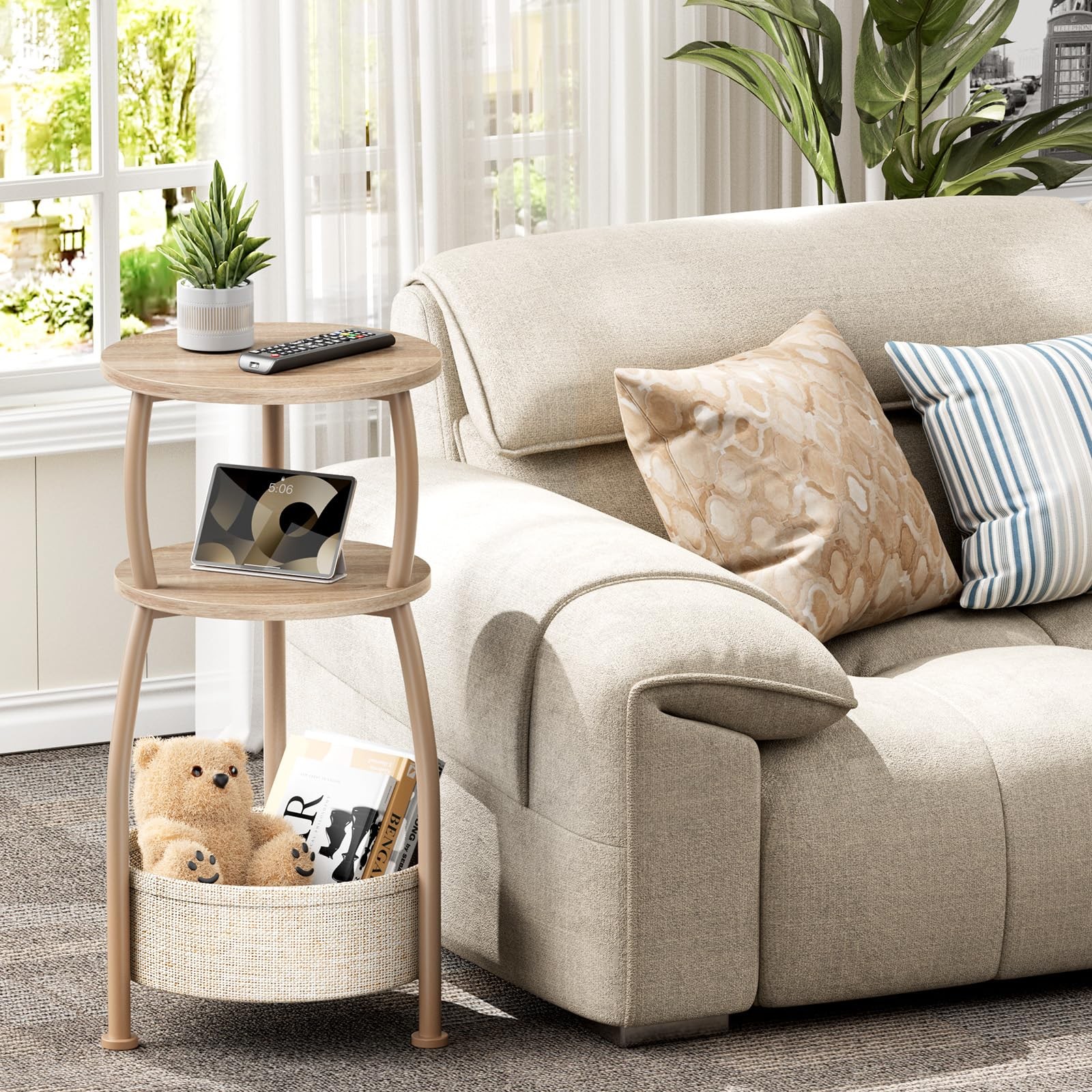 Small Side Table 3Tier Storage Basket Round End Corner Stand 11.81in Oak