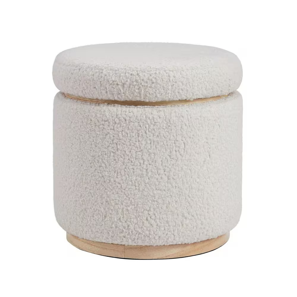 Savoy Cream White Sherpa Fabric round Storage 18 In. Ottoman