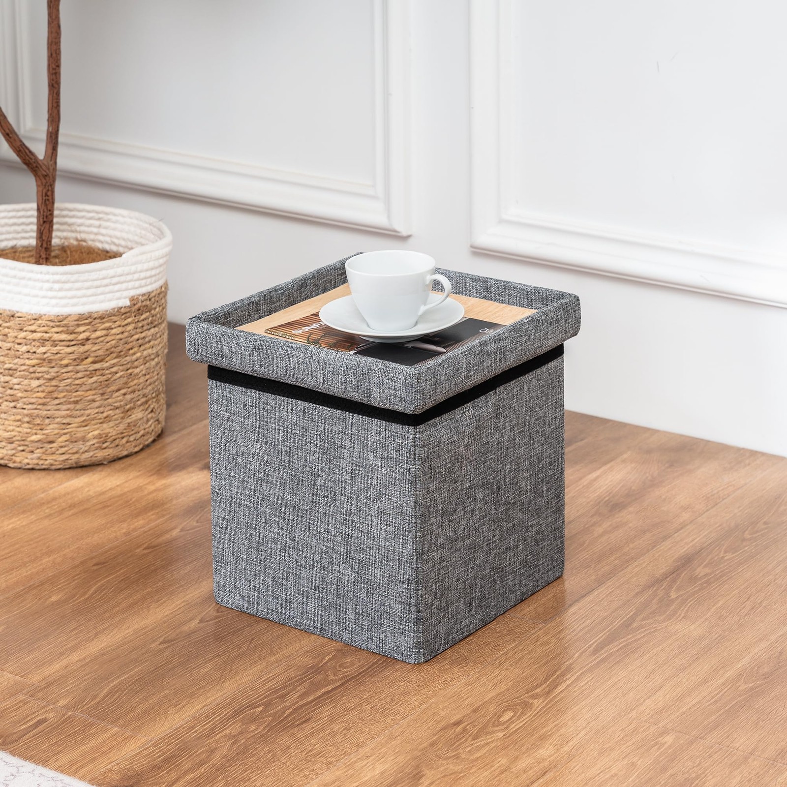 Foldable Storage Ottoman Small Foot Stool Reversible Tray Grey 11.8 Inch