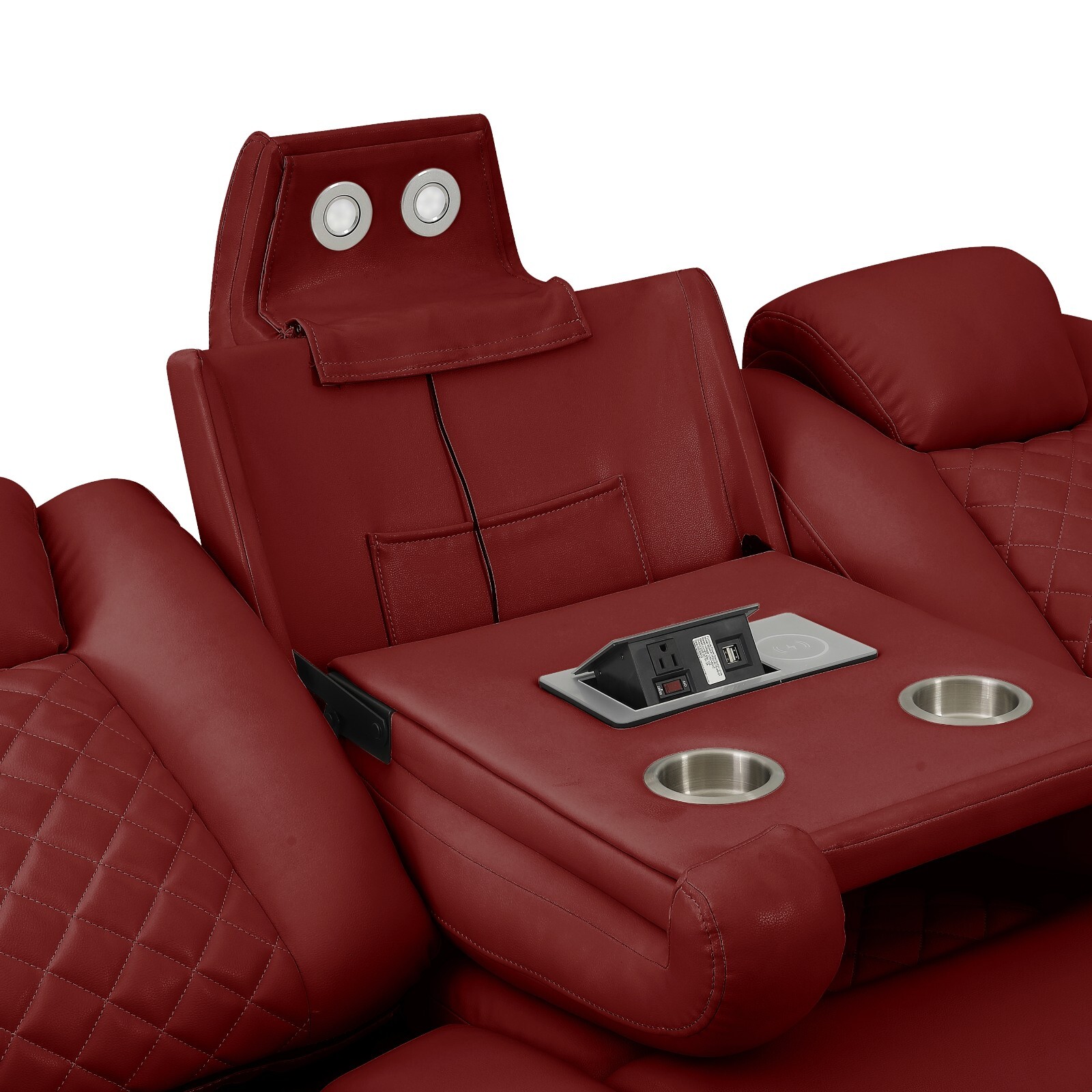 NEW LED 2PC Power Recliner Adjustable Headrest Red Leather Set Bluetooth Speaker
