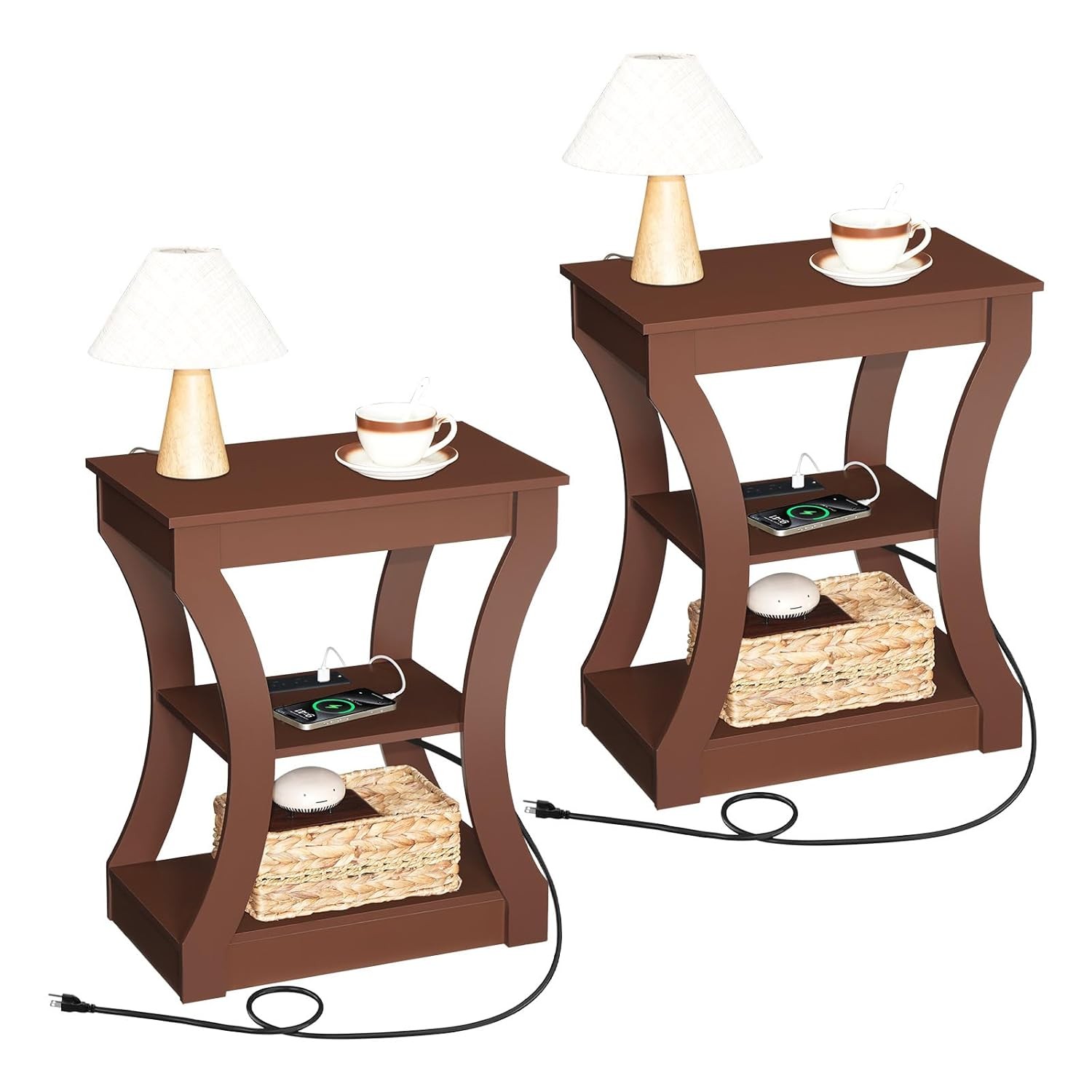 end Table Set of 2 with Charging Station USB Ports Black Side Table for Living