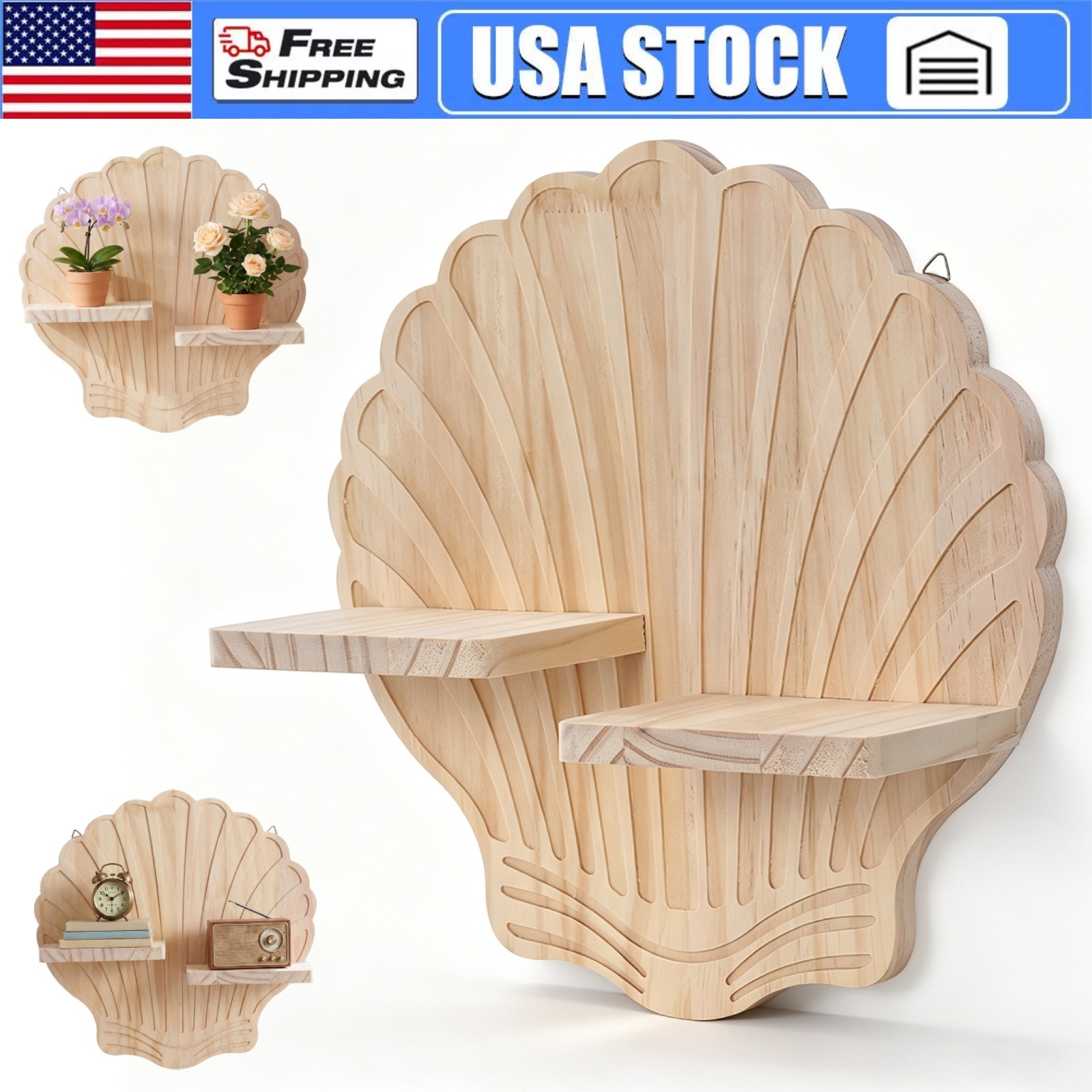 Boho Floating Wall Mounted Display Shelf Shell Shape Wooden Shelves Wall Decor