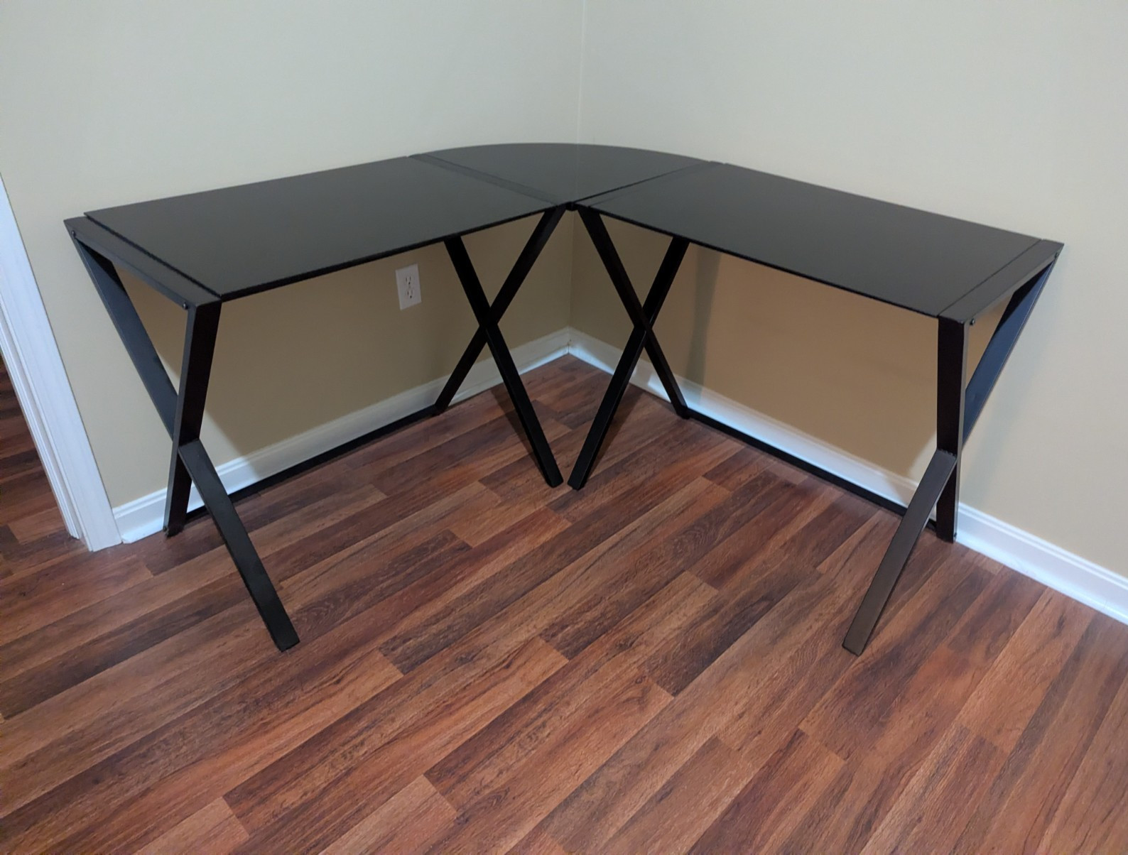Black Modern L-Shaped Corner Home Office Desk, Glass Top Metal Frame