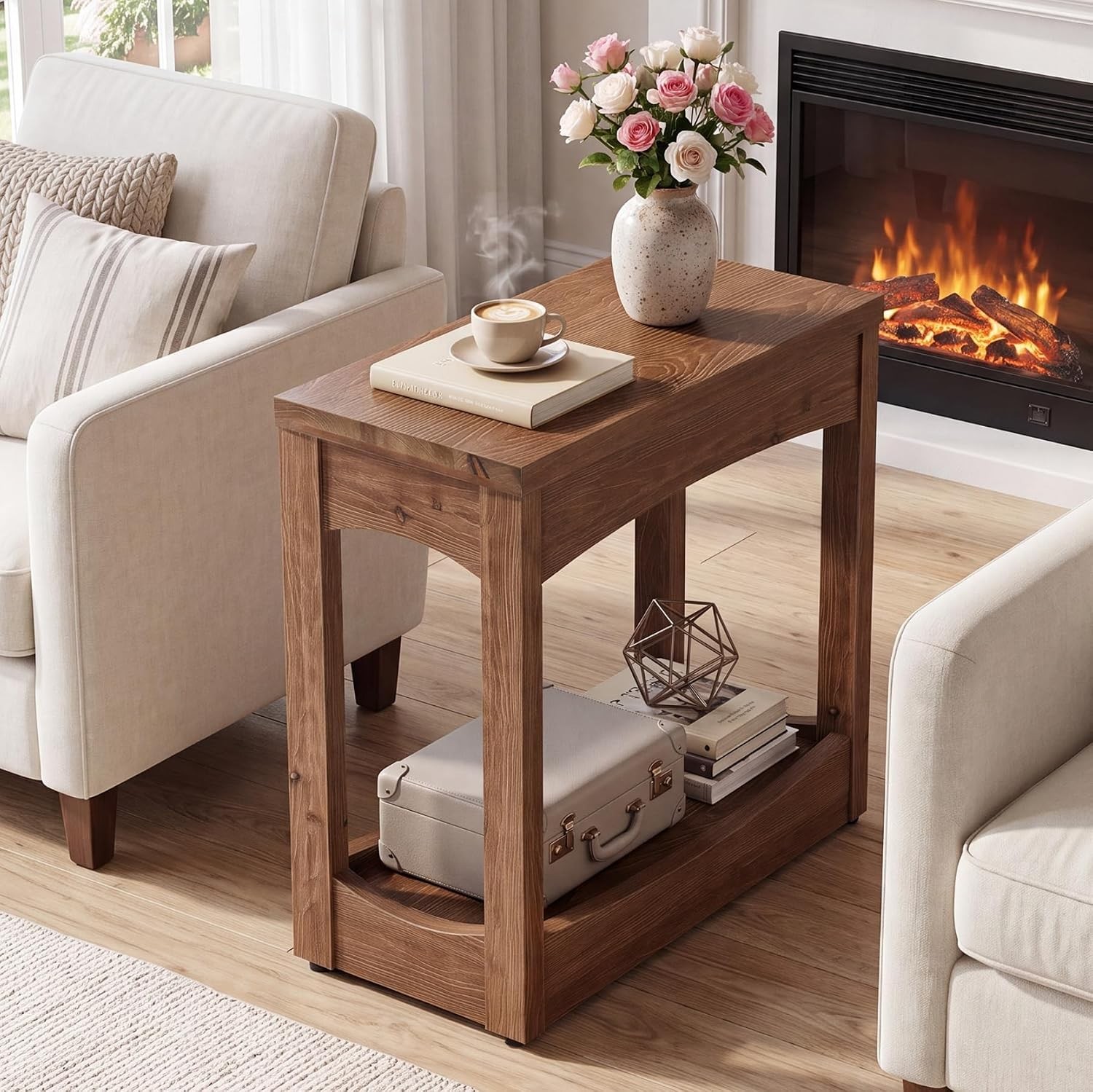 23.62″ Solid Wood End Table,Rectangle Side Table w/ 2-Tier Shelf for Small Space