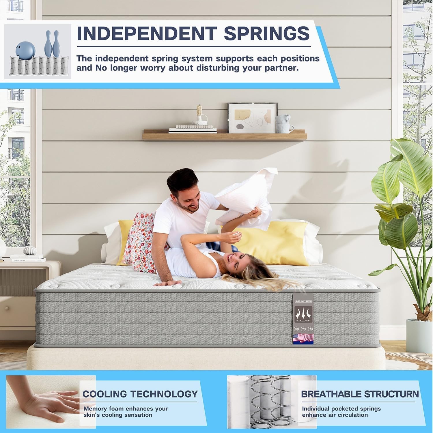 King Mattress 12″ Medium Firm Hybrid Spring Mattress in a Box Gel Memory Foam