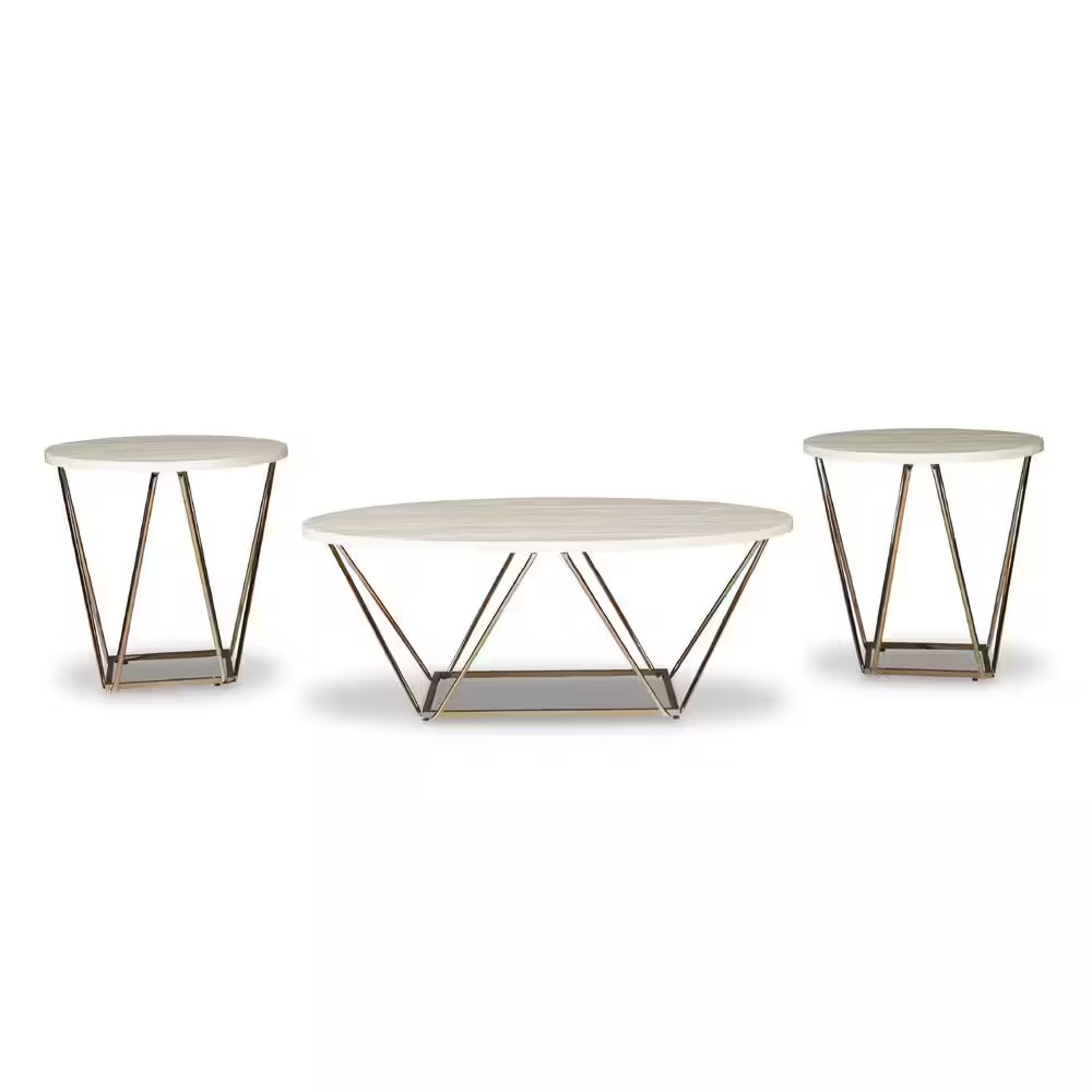 Tarica 47 In. White/Gold Oval Faux Marble Coffee Table with 2-Pieces