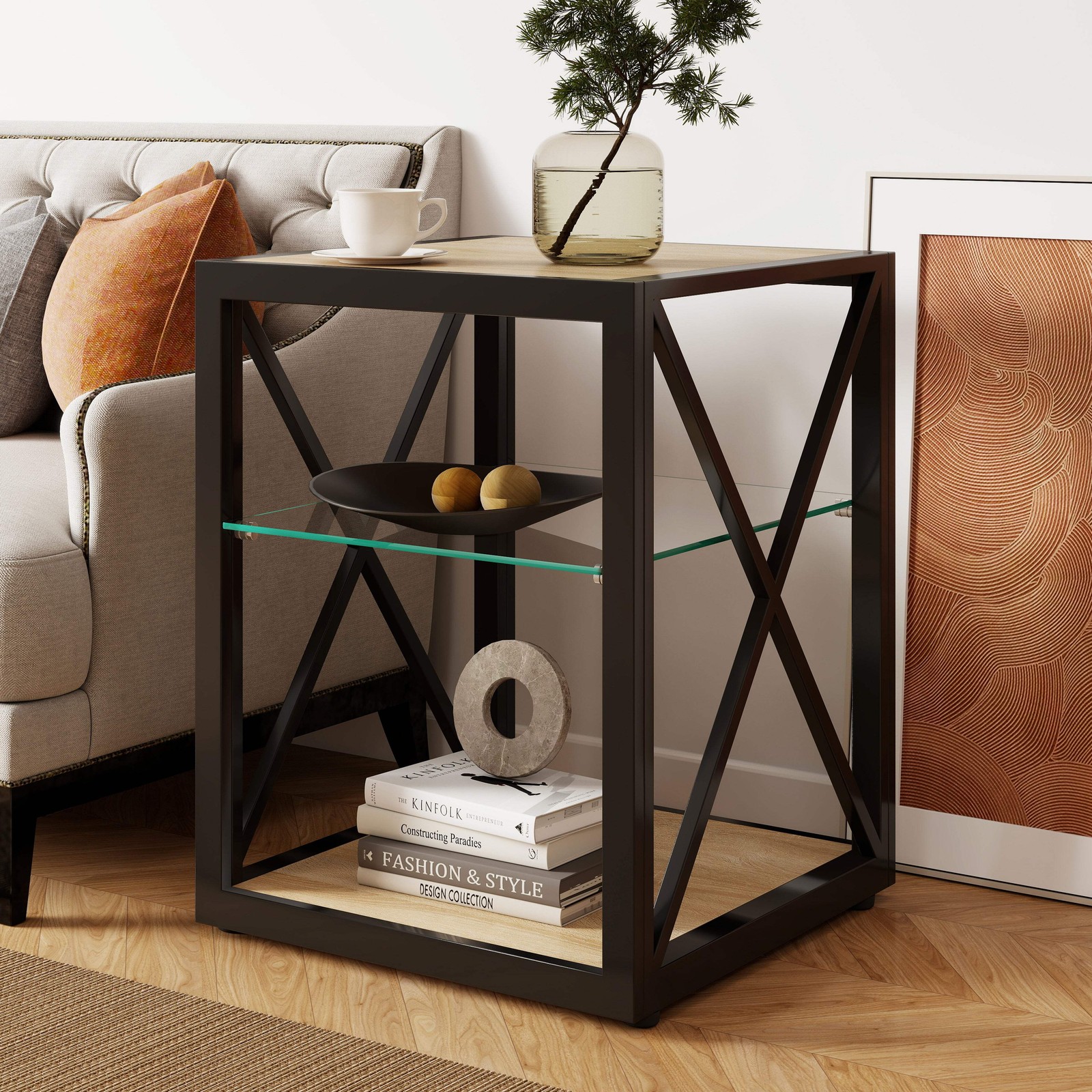 Natural Wood and Tempered Glass Modern End Table