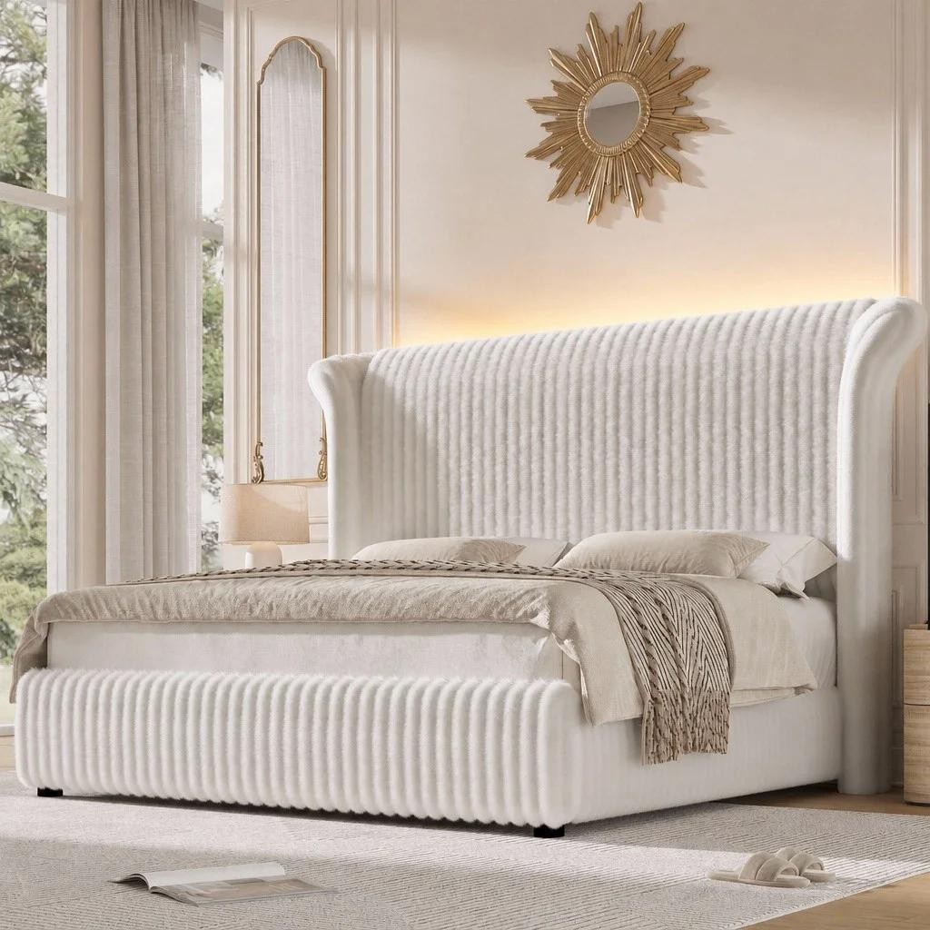 Elegant Queen Size Bed Frame 55″ LED Headboard With White Corduroy Upholstery