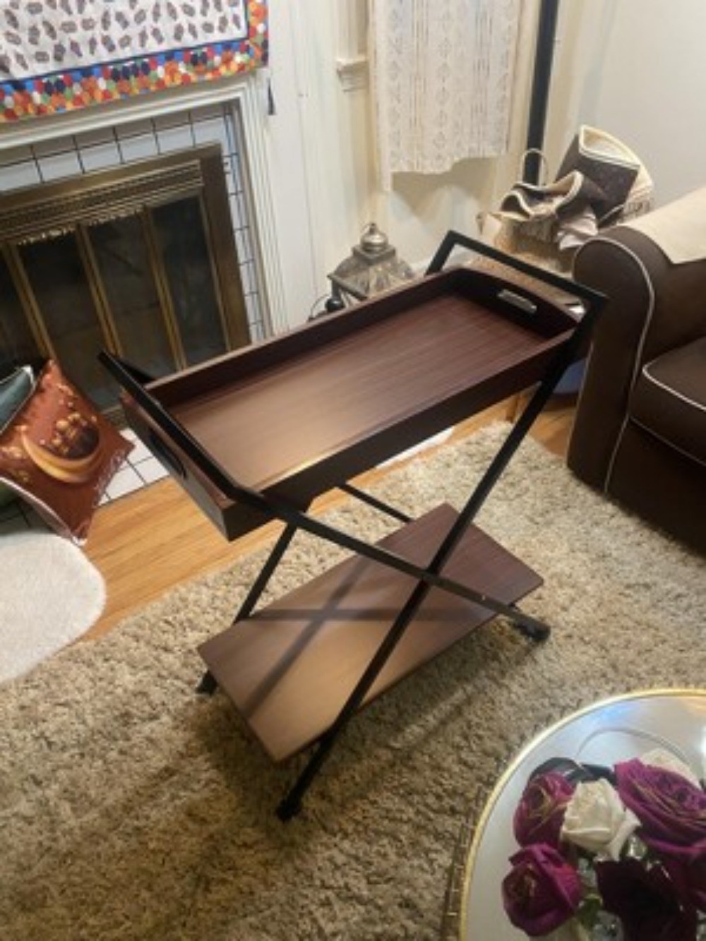 Landress Metal Frame Bar Cart with Serving Tray Walnut/Black