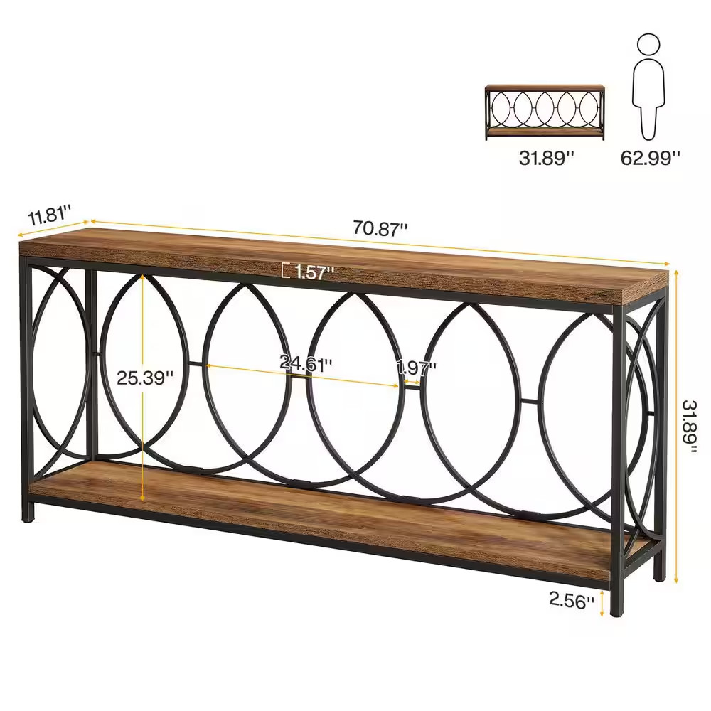 Turrella 70.9 In. Brown and Black Entryway Table, Industrial Rectangle Wood Cons