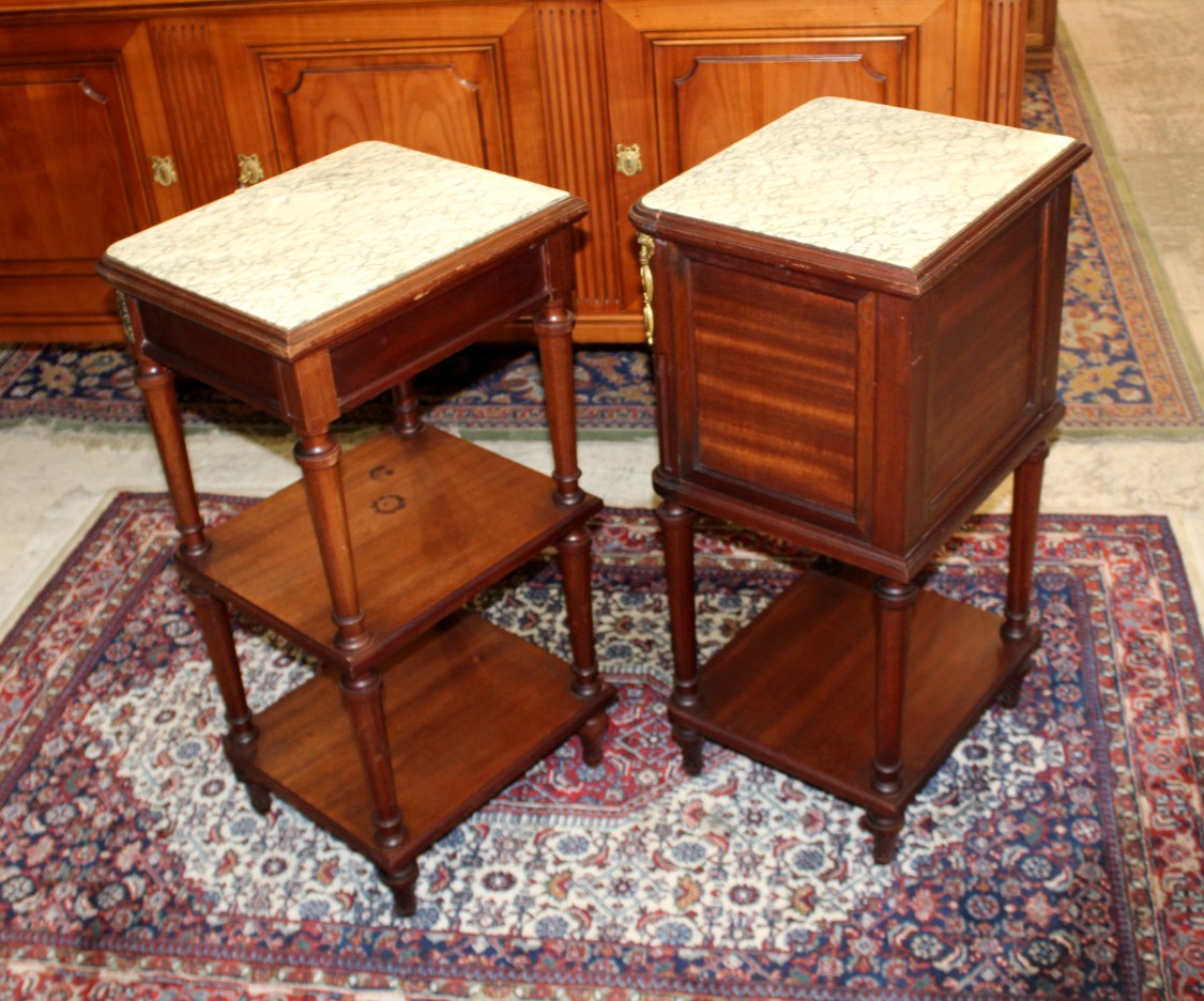 Pair of French Antique Louis XVI Mahogany Nightstands / Bedside Tables