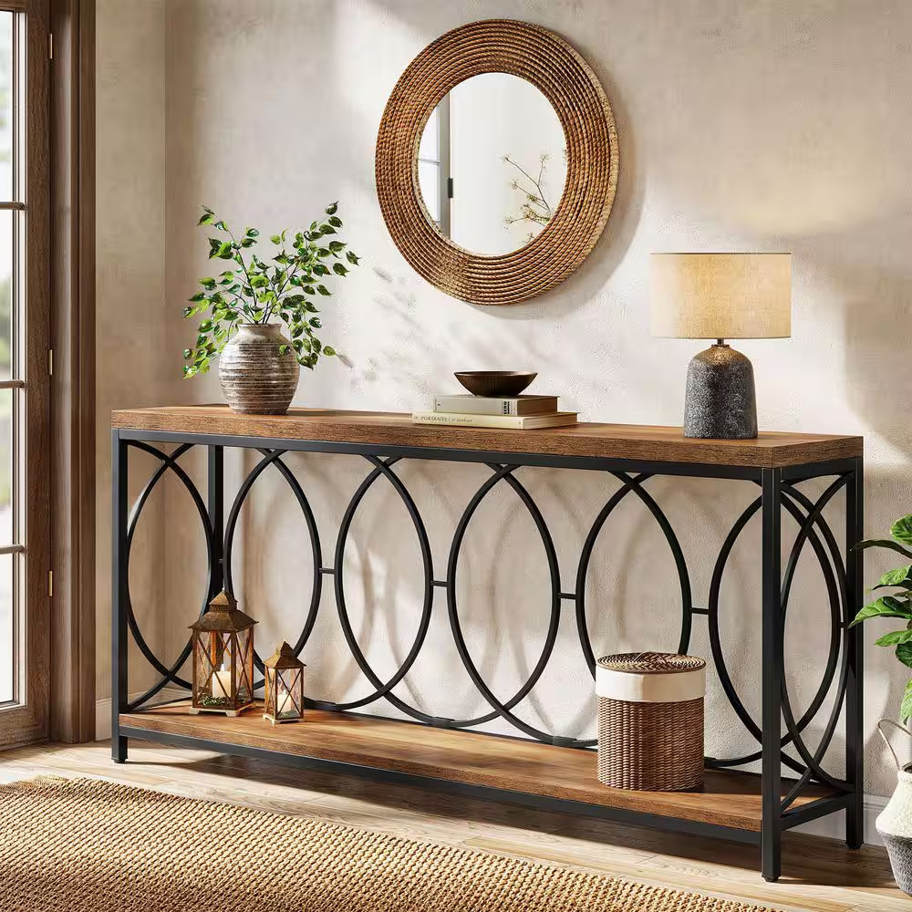 Turrella 70.9 In. Brown and Black Entryway Table, Industrial Rectangle Wood Cons