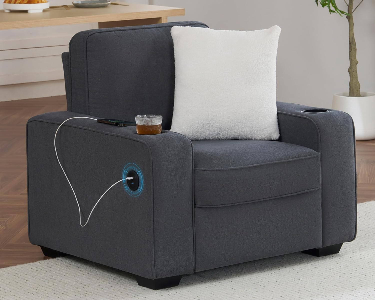 Chenille Sofa Chair Cup Holders USB Ports Upholstered Living Room Charcoal Grey