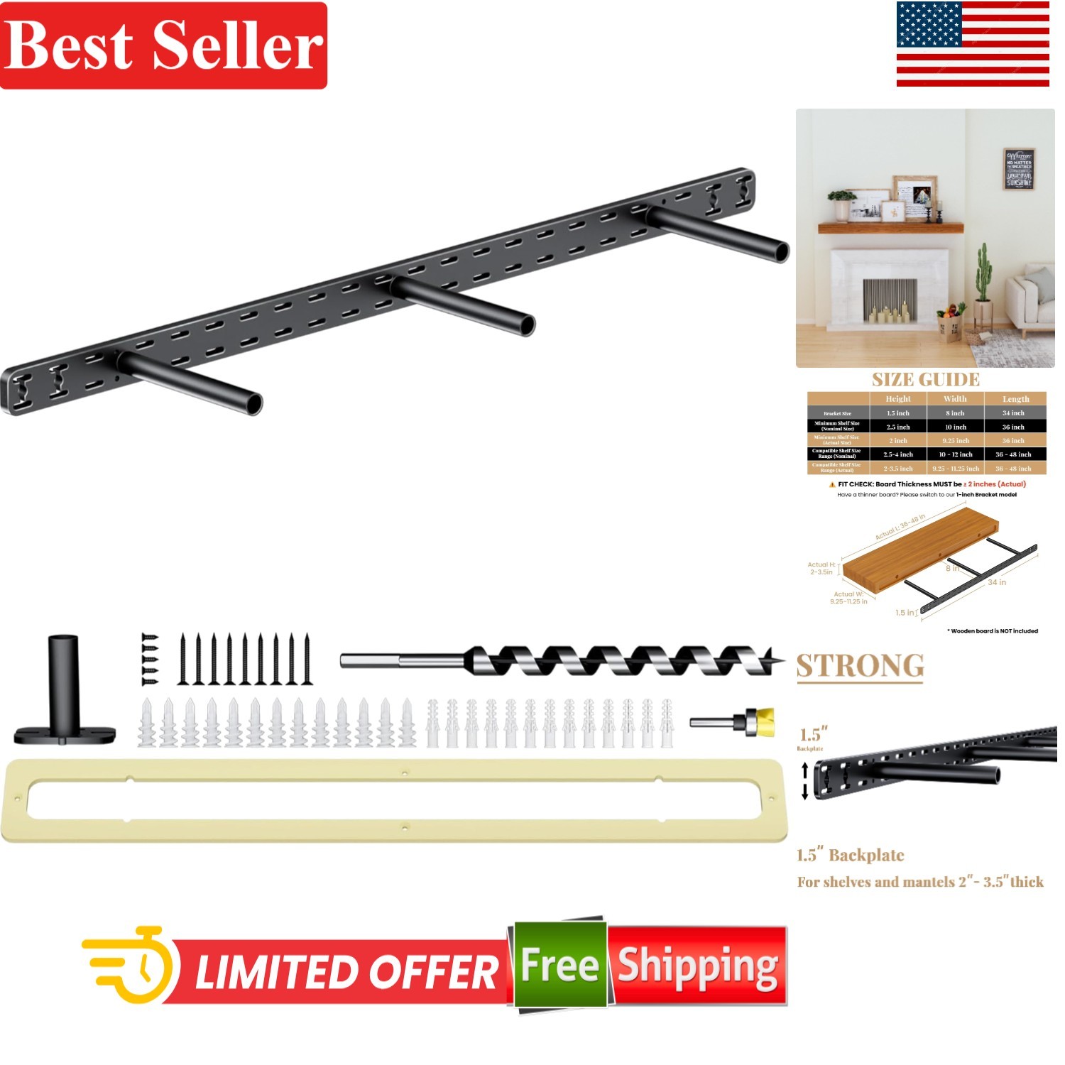Floating Shelf Hardware Brackets 34 x 8 x 1.5 Inches Heavy Duty Support for W…