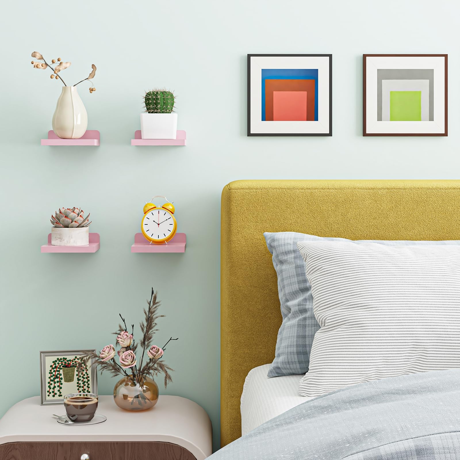 Fixwal Pink Shelves, 5×5 Inches Small Wall Shelf Set of 4, Rustic Wood
