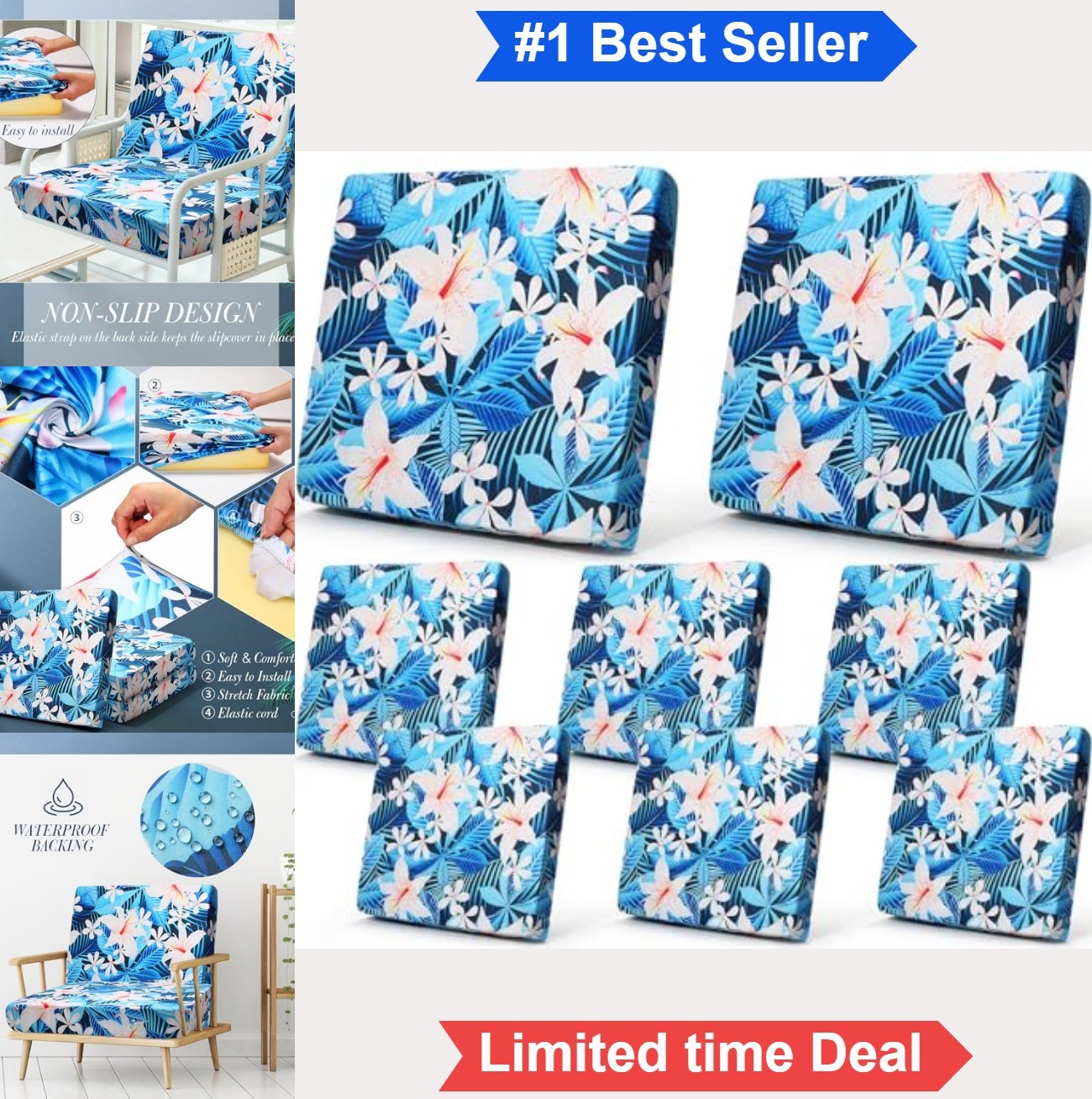 8 Patio Cushion Covers White Floral Stretch 22-26 Inch Spandex Reversible 2-8