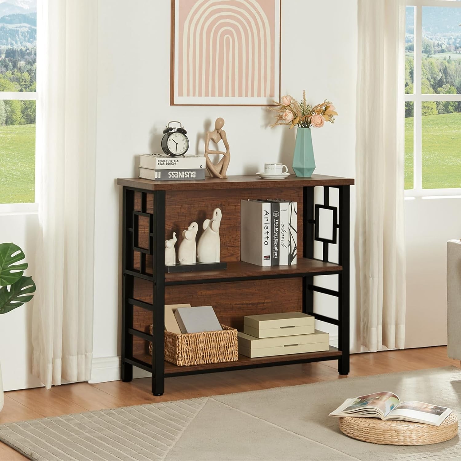 3 Tier Bookshelf Rustic Brown Engineered Wood Metal Storage Bookcase Low