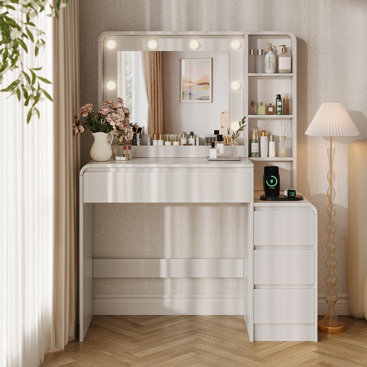 Vanity Desk w/ Mirror and Lights, Makeup Vanity Table w/ Large 5 Drawers