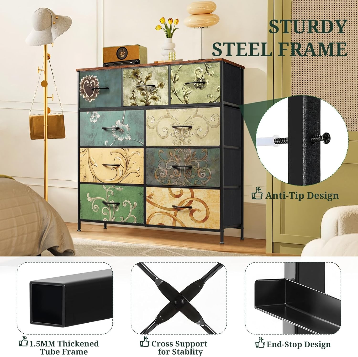 9-Drawer Fabric Dresser, Wooden Top Metal Frame, Floral Design